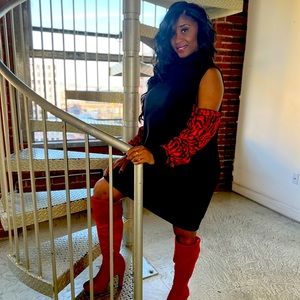 New off shoulder turtleneck sweater DRESS with red sleeves model wears Medium